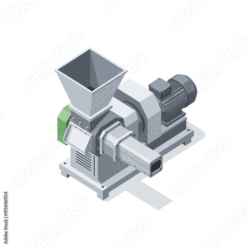Industrial machine with motor and funnel for processing materials.