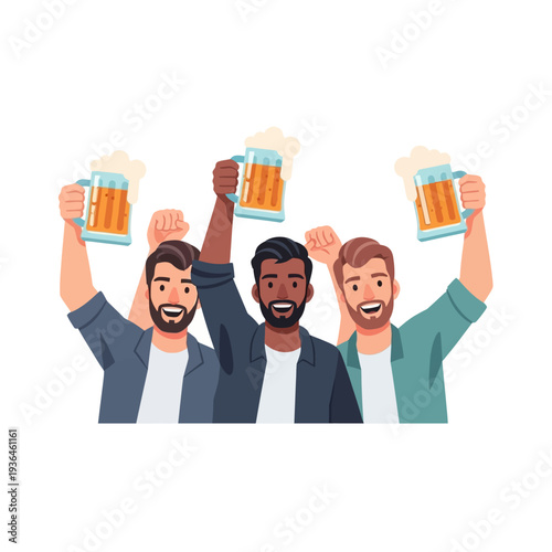 Group of friends celebrating with beer, toasting, happy, diverse men, cheers, party, pub, bar