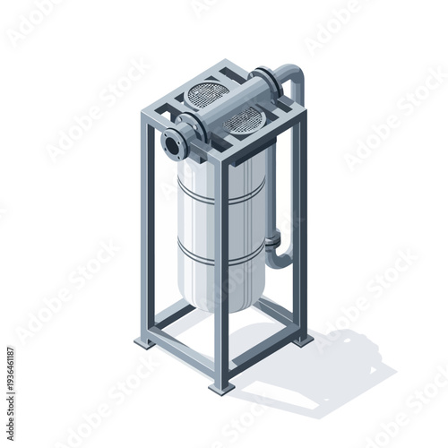 Industrial Water Filtration System with Metal Frame and Cylindrical Tank.