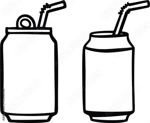 Two black and white soda cans with straws drink beverage