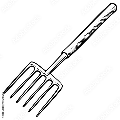 Garden fork illustration, drawing of gardening tool, black and white sketch.