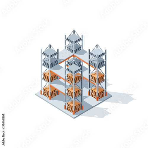Isometric illustration of a warehouse storage facility with orange crates and metal shelving.