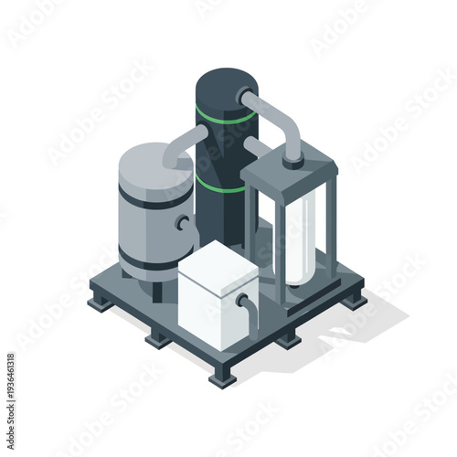 Isometric illustration of industrial equipment with pipes and machinery.