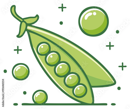 Vibrant green peas and open pea pod simple graphic illustration