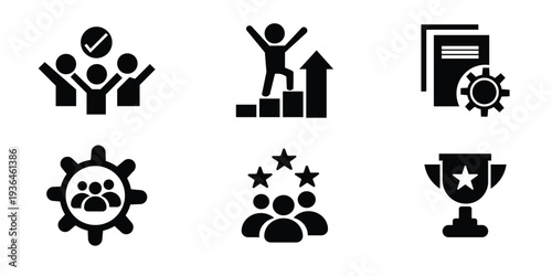Business success and achievement icon set. Teamwork, goal completion, productivity and reward symbols. Solid vector icons.
