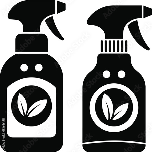 Two black spray bottles with leaf symbols white cleaning