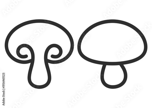 Two black and white mushroom side by side outline fungi