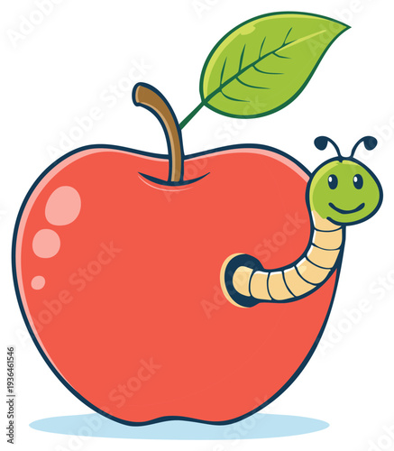 Cartoon Red Apple with a Cheerful Worm Emerging from a Hole
