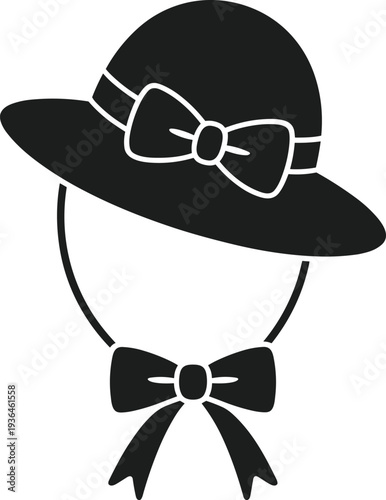 Black silhouette Easter bonnet hat with white outline bow and chin strap bow vector