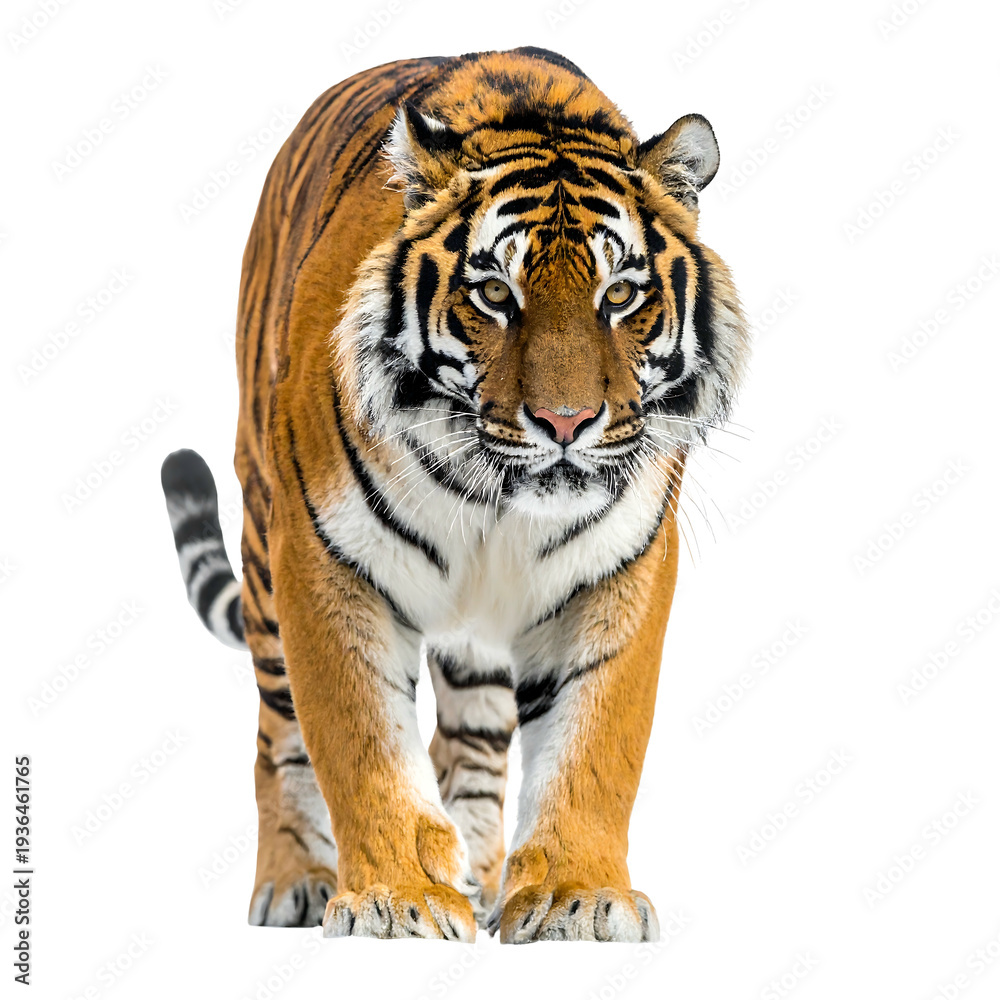 Obraz premium A majestic striped big cat walks confidently, looking directly at the viewer with an intense stare. Isolated on a plain background
