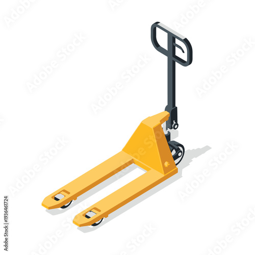 Yellow pallet jack with black handle on white background.