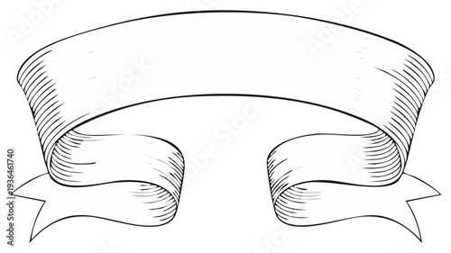 Decorative Scroll Ribbon Banner Graphic Element, Vintage Style Engraving with Lines, Illustration for Celebration Card, Invitation or Label