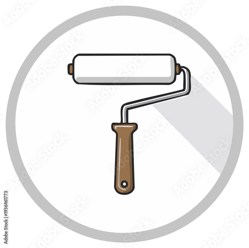 Illustration of a clean paint roller with handle in a circle for DIY or home improvement concepts