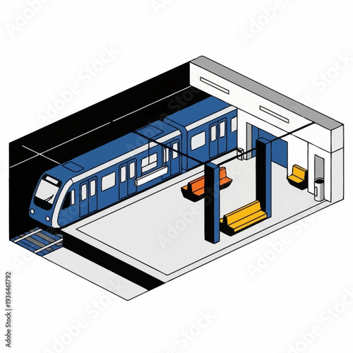 Blue Train in Station 3D Illustration.