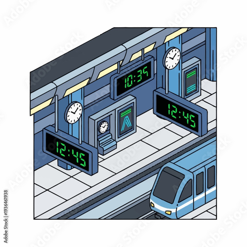 Subway Station with Train and Clocks.