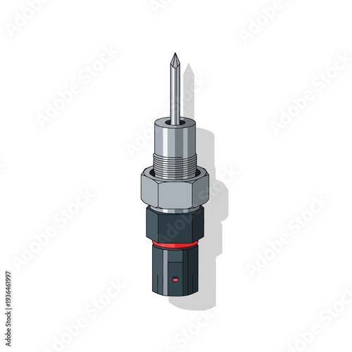 Industrial metal connector with red indicator and pointed metal pin.