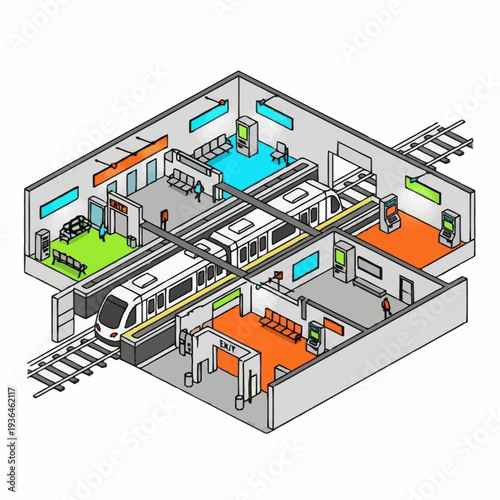 Isometric Illustration of Modern Train Station Interior.