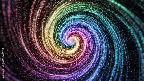 Vibrant rainbow colored particles swirl in an abstract luminous spiral vortex