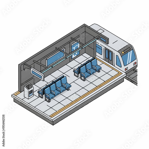 Isometric View of Modern Train Station Platform.