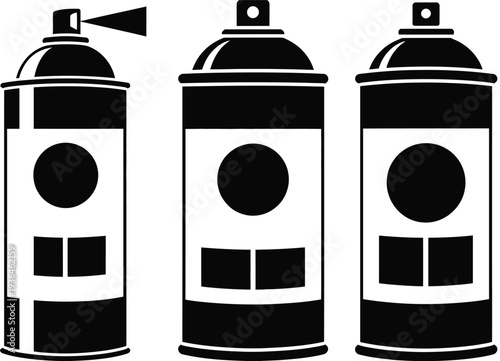 Three black and white spray paint cans with symbols