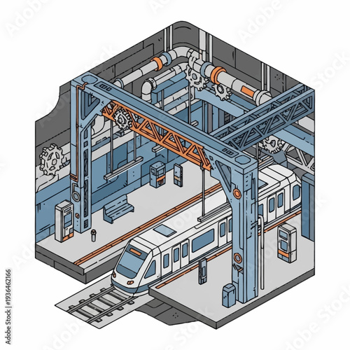 Isometric Illustration of Train Maintenance Facility.