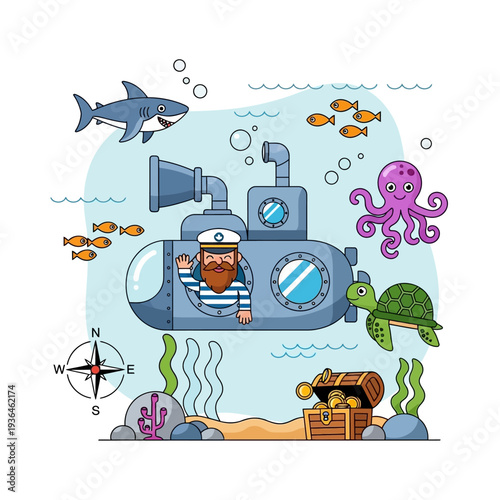Captain in Submarine Exploring Ocean Depths with Shark, Octopus, Turtle, and Treasure Chest