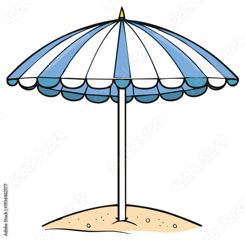 Cartoon beach umbrella on small sand mound with blue and white stripes
