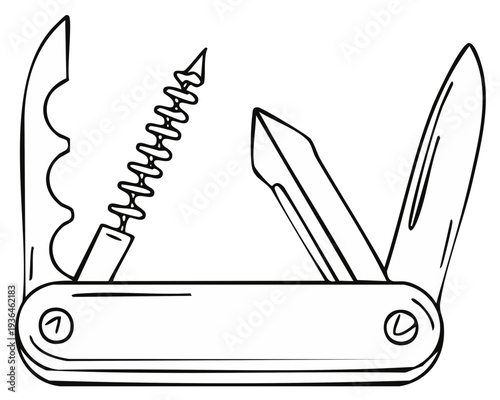Black and white line art drawing of an open pocket knife with tools like a corkscrew and blade