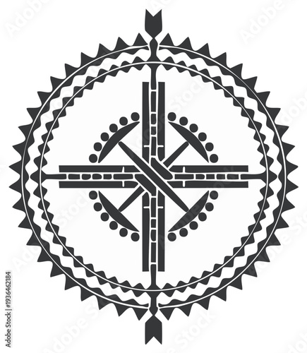 Native American shield or compass symbol art showing direction and heritage with concentric shapes and arrowheads in black