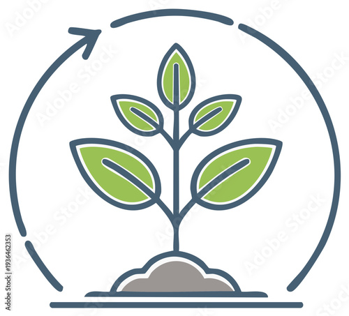 Plant growth cycle with circular arrow indicating renewal and continuous progress
