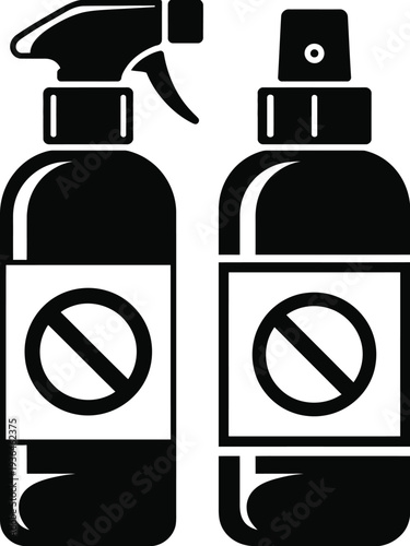 Two black spray bottles with prohibition signs black and white