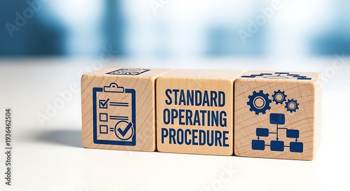 Three wooden blocks with blue and text standard operating procedure checklist clipboard