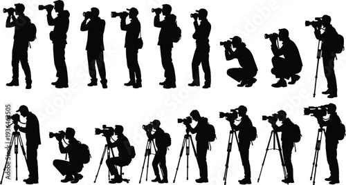 Photographer silhouettes illustration, tripod and camera poses, outdoor field photography artwork, black and white design for creative background concept