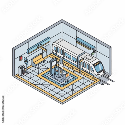 Isometric Illustration of Train in Station Platform.