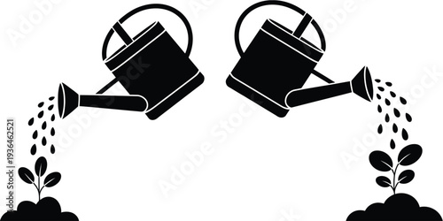 Two black watering cans pouring water on plants