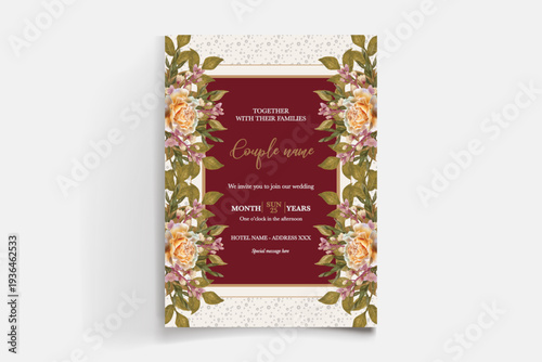 WEDDING INVITATION FRAME WITH FLOWER DECORATIONS AND FRESH LEAVES