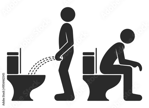 Two people using different toilets in black and white