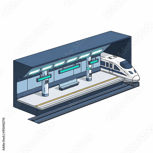 Modern Train Station with White Commuter Train.