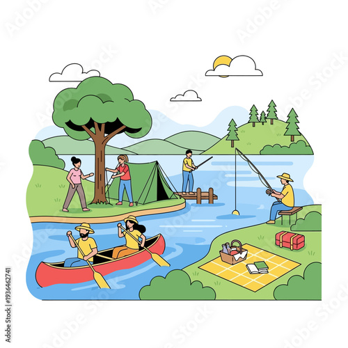 Family camping and fishing trip by the lake, canoeing and picnic on sunny day