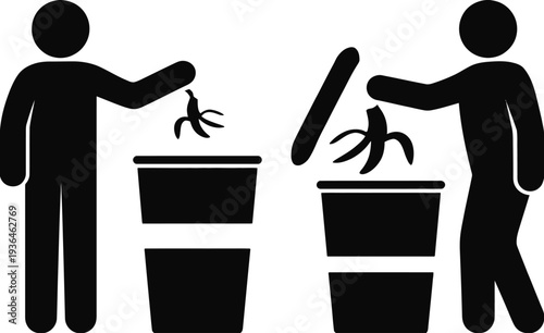 Two people throwing banana peels into recycling bins