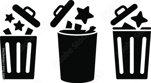 Three black trash bins with stars and scissors coming out of them