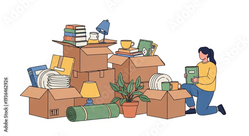 Woman Unpacking Boxes and Household Items.