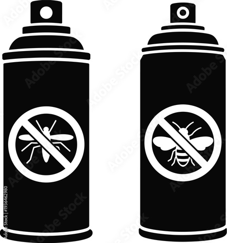 Two black and white spray cans with insect prohibition symbols