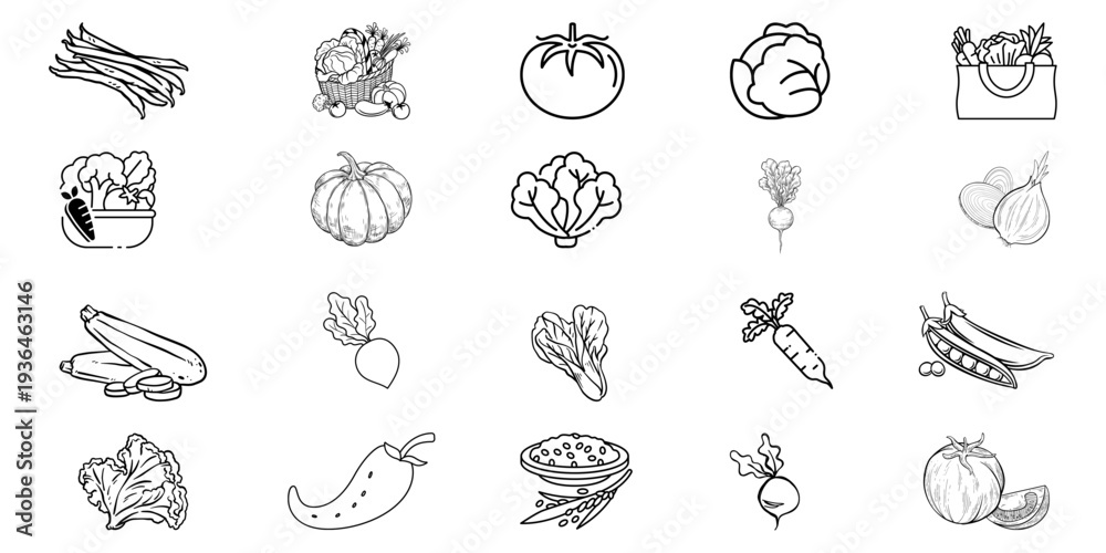Naklejka premium Hand-Drawn Vegetable Sketch Vector Set – Outline Icons of Tomato, Carrot, Pumpkin, Cabbage & More | Black & White Farm Fresh Food Illustration Collection for Organic & Cooking Design