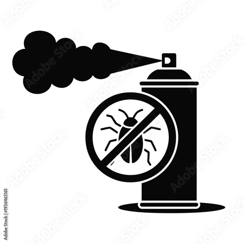 Black insecticide spray can with bug symbol and spray cloud