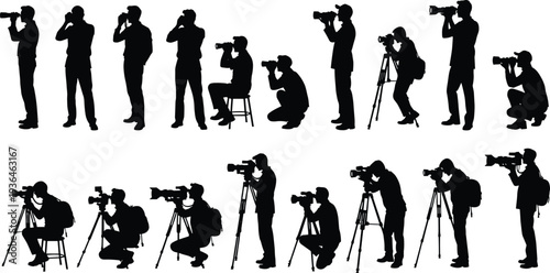 Silhouettes of photographers with cameras, tripods, backpacks, capturing diverse photography poses, standing, crouching, sitting, professional photography lifestyle illustration
