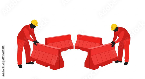 Workers Assembling Red Flood Barriers.