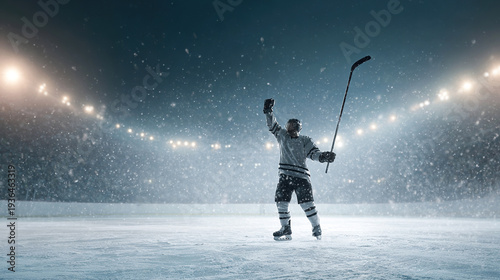 Wallpaper Mural Hockey player raising stick on ice arena with stadium lights and snow particles. Sports victory and success concept, banner for tournaments, teams and event promotion. Torontodigital.ca