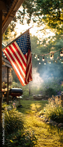 Wallpaper Mural American flag hanging on wooden fence with sunlight in backyard. Patriotism and national identity concept, background for holidays, heritage and community campaigns. Torontodigital.ca