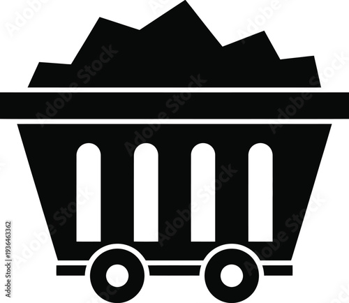 Black mine cart filled with rocks on wheels industrial